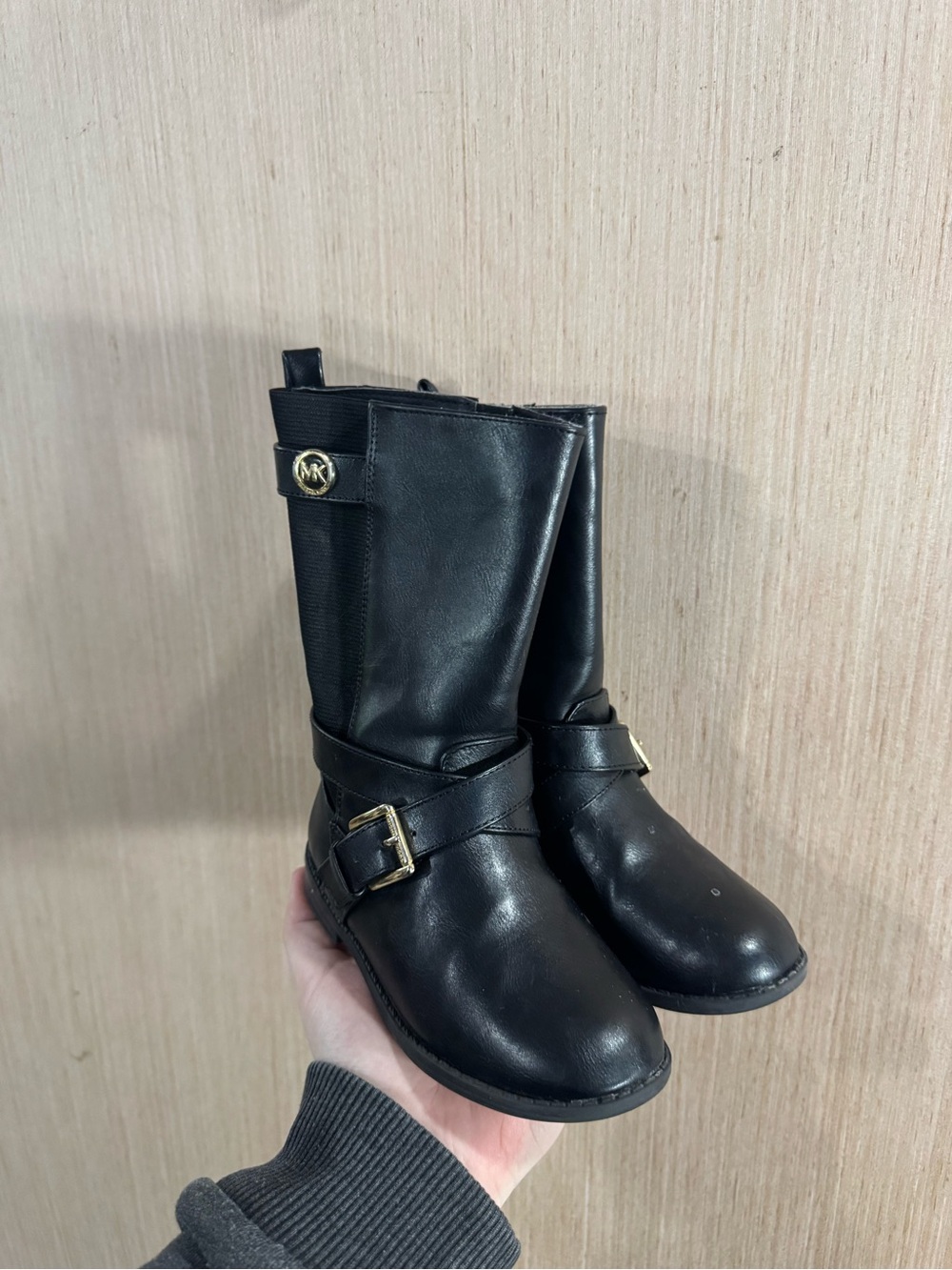 Girls Michael Kors Black Leather Mid-Calf Boots with Gold Hardware Size 9C